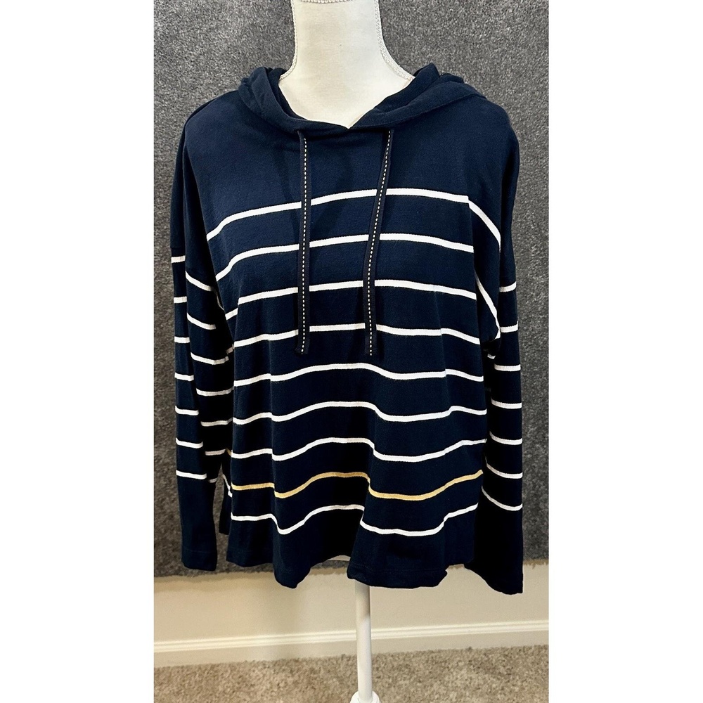 J. Jill Hoodie Top Blue Striped Size Medium Petite 100% Cotton